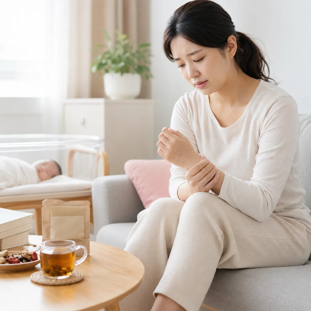출산 후 손목·무릎이 시리고 저린 산후풍 증상으로 산후보약을 고민하는 산모