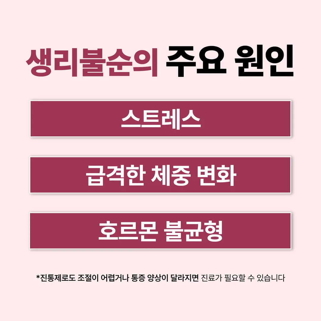 생리불순의 주요 원인인 스트레스, 급격한 체중 변화, 호르몬 불균형을 정리한 인포그래픽