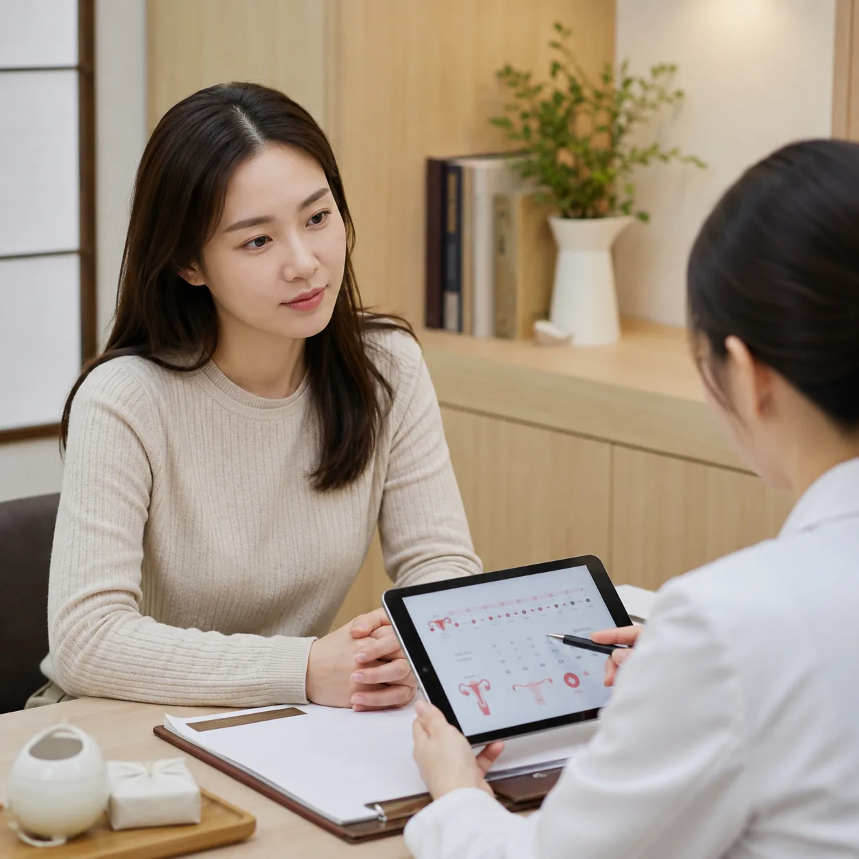 동탄 마주봄한의원에서 생리불순 한방치료 상담을 받는 여성