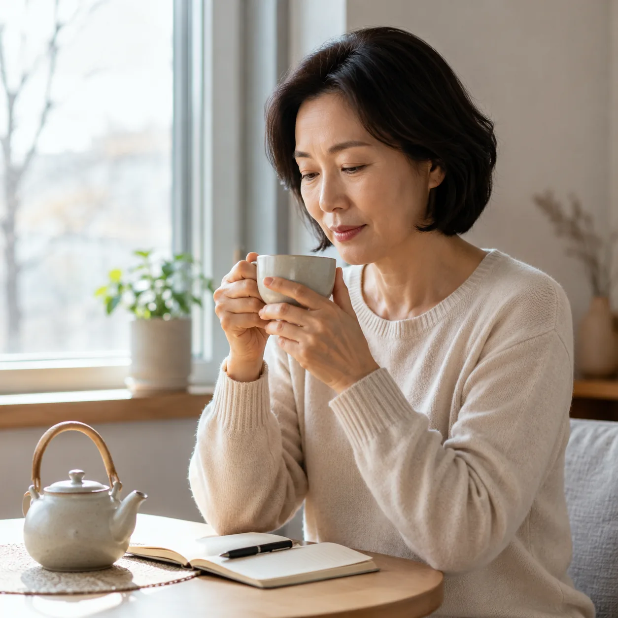 동탄 갱년기 증상을 자가 확인하는 중년 여성