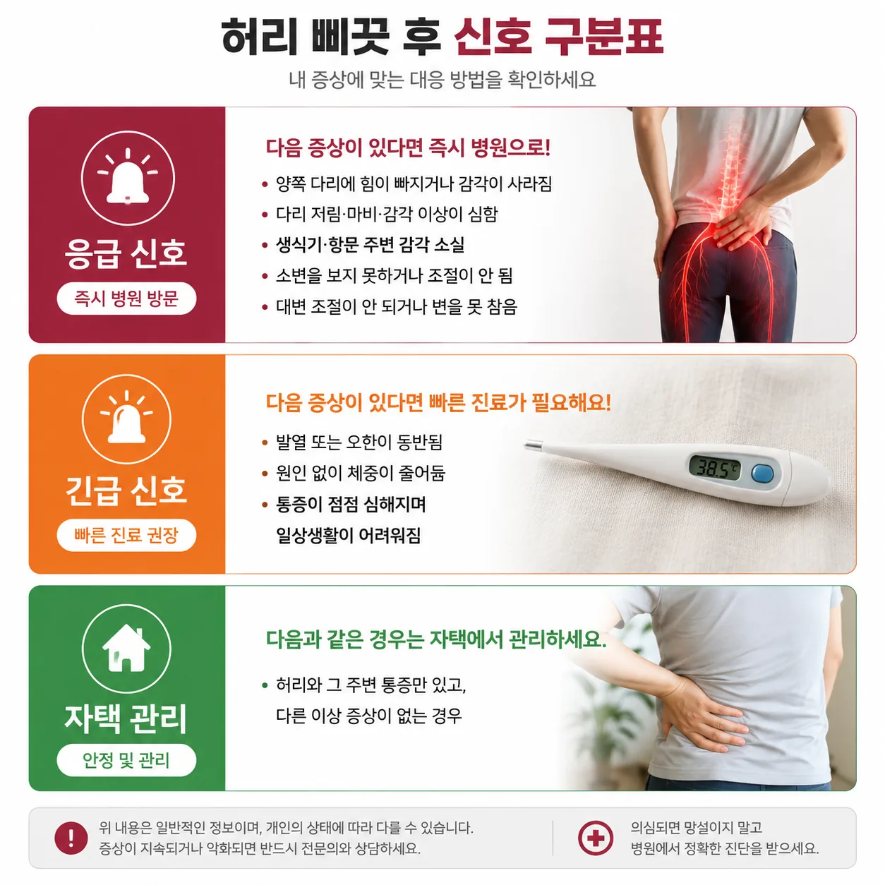 허리 삐끗 후 응급·긴급·자택 관리로 나뉘는 신호 구분표