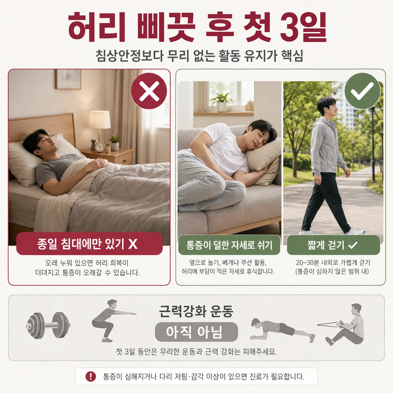 급성 요통 첫 3일 활동 유지와 침상안정 비교