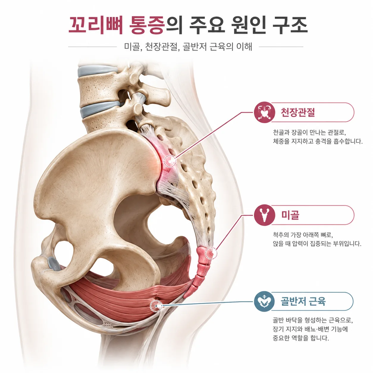 미골(꼬리뼈)과 천장관절, 골반저 근육의 위치를 표시한 골반 일러스트