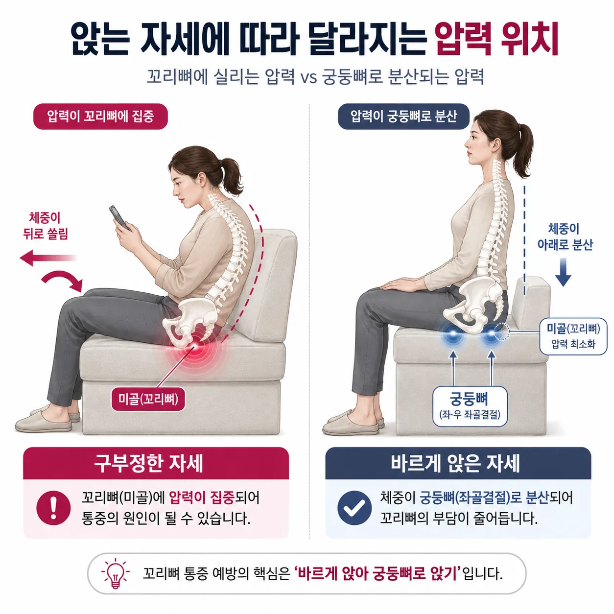 꼬리뼈에 압력이 실리는 구부정한 자세와 궁둥뼈로 바르게 앉은 자세 비교