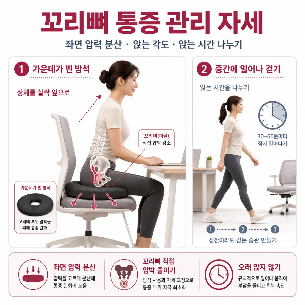 꼬리뼈 통증 관리를 위한 좌면 압력 분산과 앉는 각도, 앉는 시간 나누기