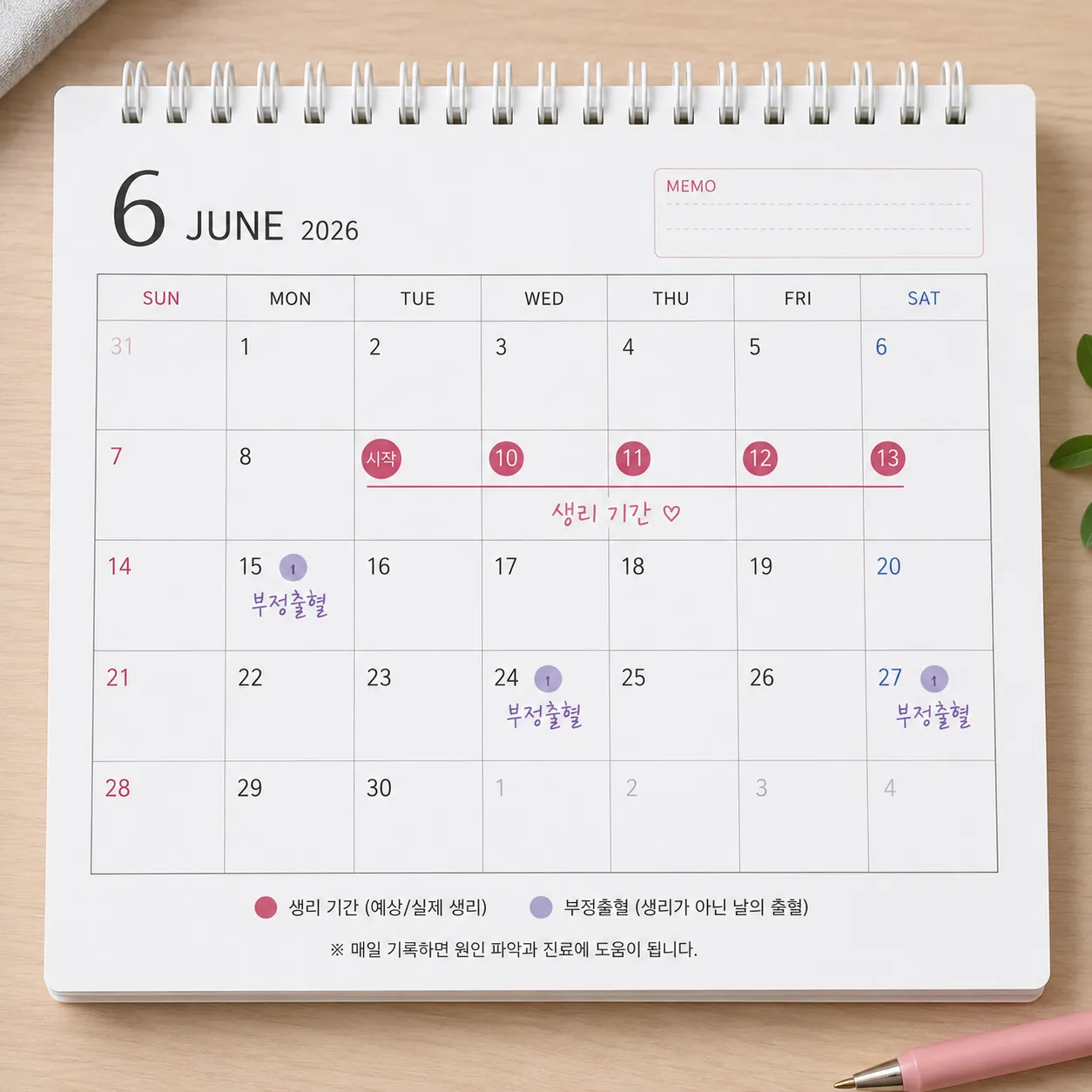 생리 시작일과 부정출혈일을 다른 색으로 표시한 달력 기록