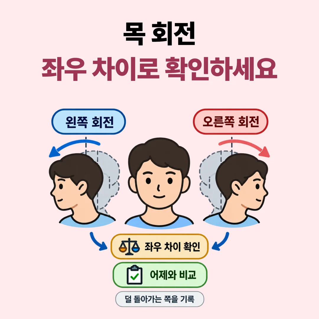 좌우 회전 도달 범위의 차이로 목 상태를 확인하는 방법을 나타낸 도식