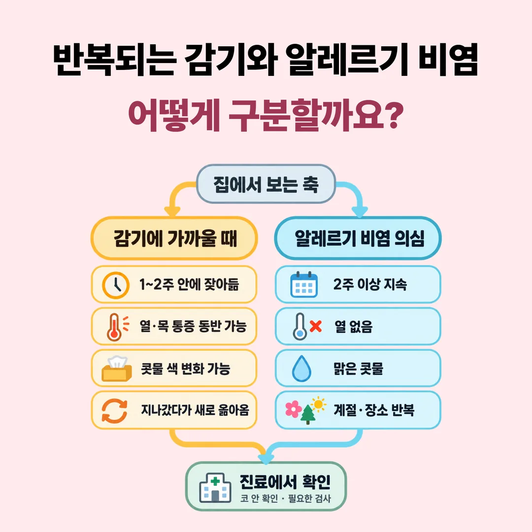 반복 감기와 소아 알레르기 비염을 가르는 네 가지 축 비교도
