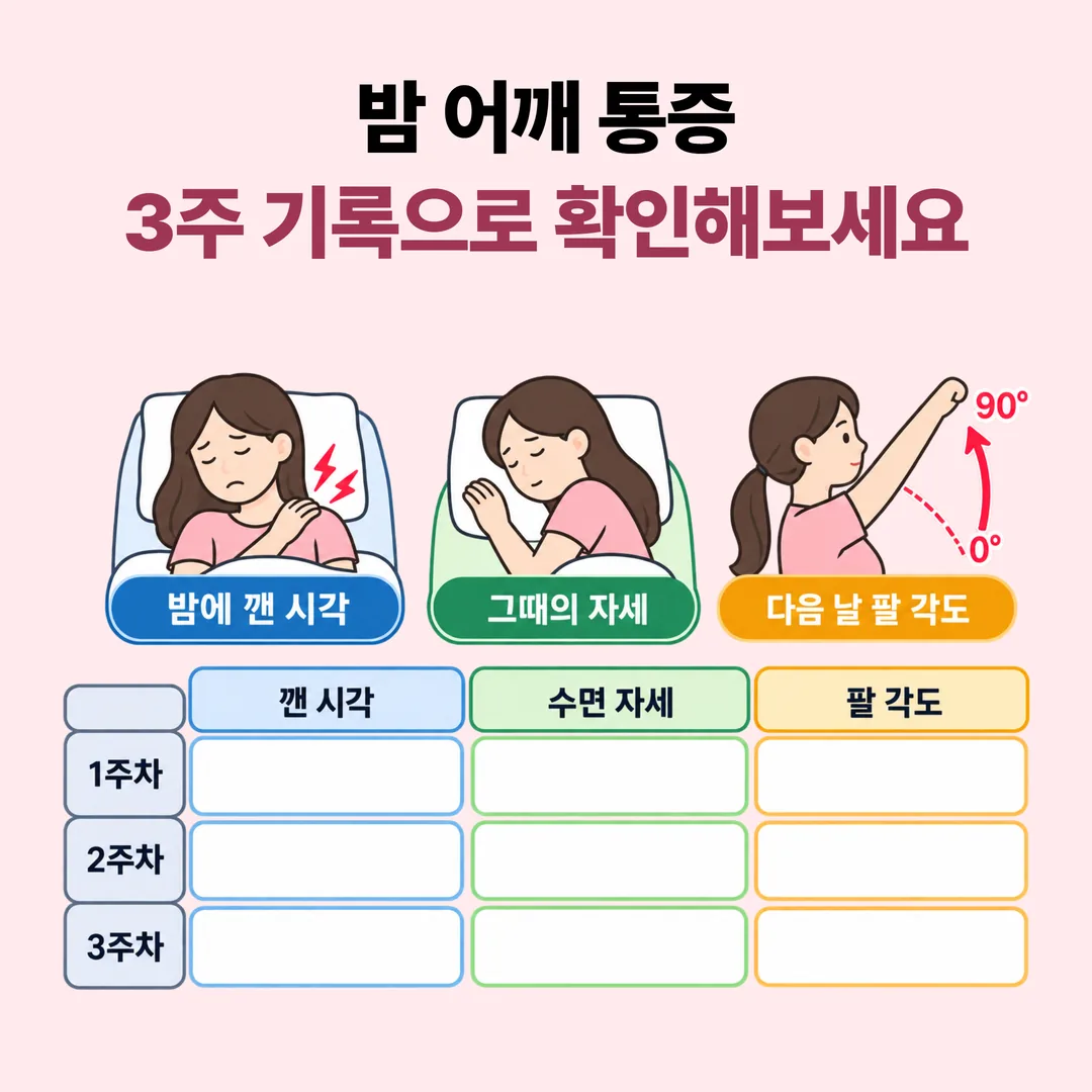 어깨 통증 야간 증상과 팔 각도를 적는 3주 기록표 양식 예시