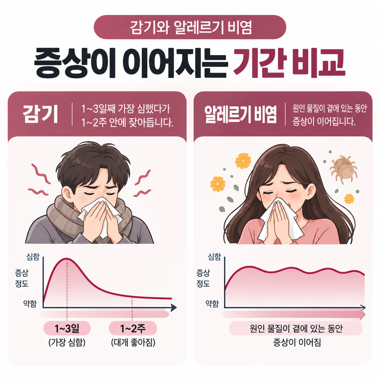 감기와 알레르기 비염의 증상이 이어지는 기간 비교 그림