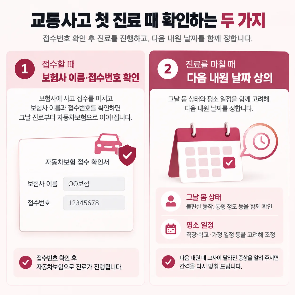 교통사고 첫 진료 때 보험 접수번호 확인과 다음 내원 날짜 상의 안내 카드