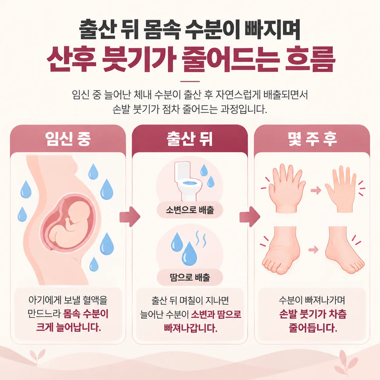 출산 뒤 몸속 수분이 소변과 땀으로 빠지며 산후 붓기가 줄어드는 흐름 개념도
