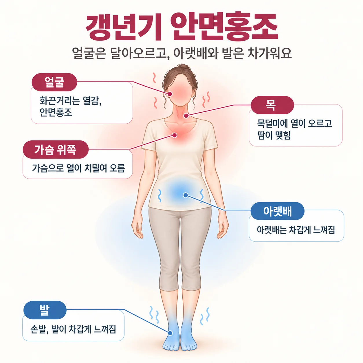 갱년기 안면홍조로 얼굴은 달아오르고 아랫배와 발은 찬 상태를 나타낸 개념도