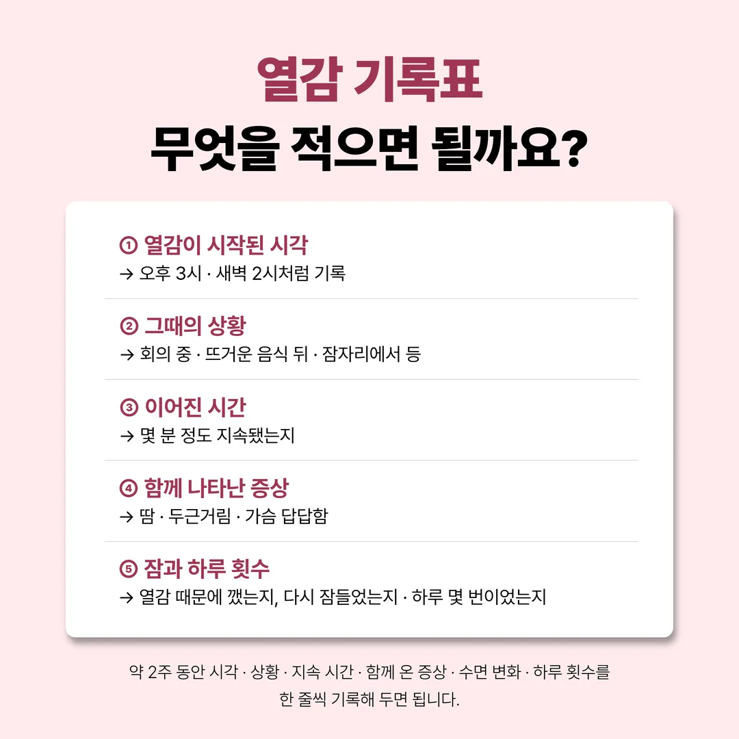 갱년기 안면홍조 열감 기록표 양식, 시각과 상황과 이어진 시간을 적는 칸